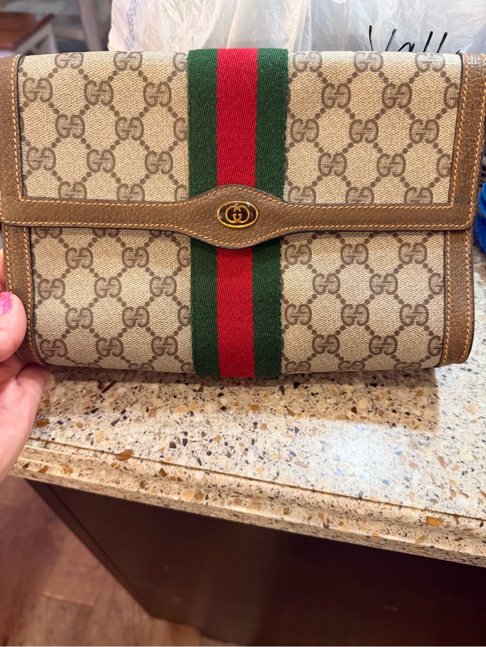 Gucci Beige GG Canvas Clutch with Green and Red Web Stripe